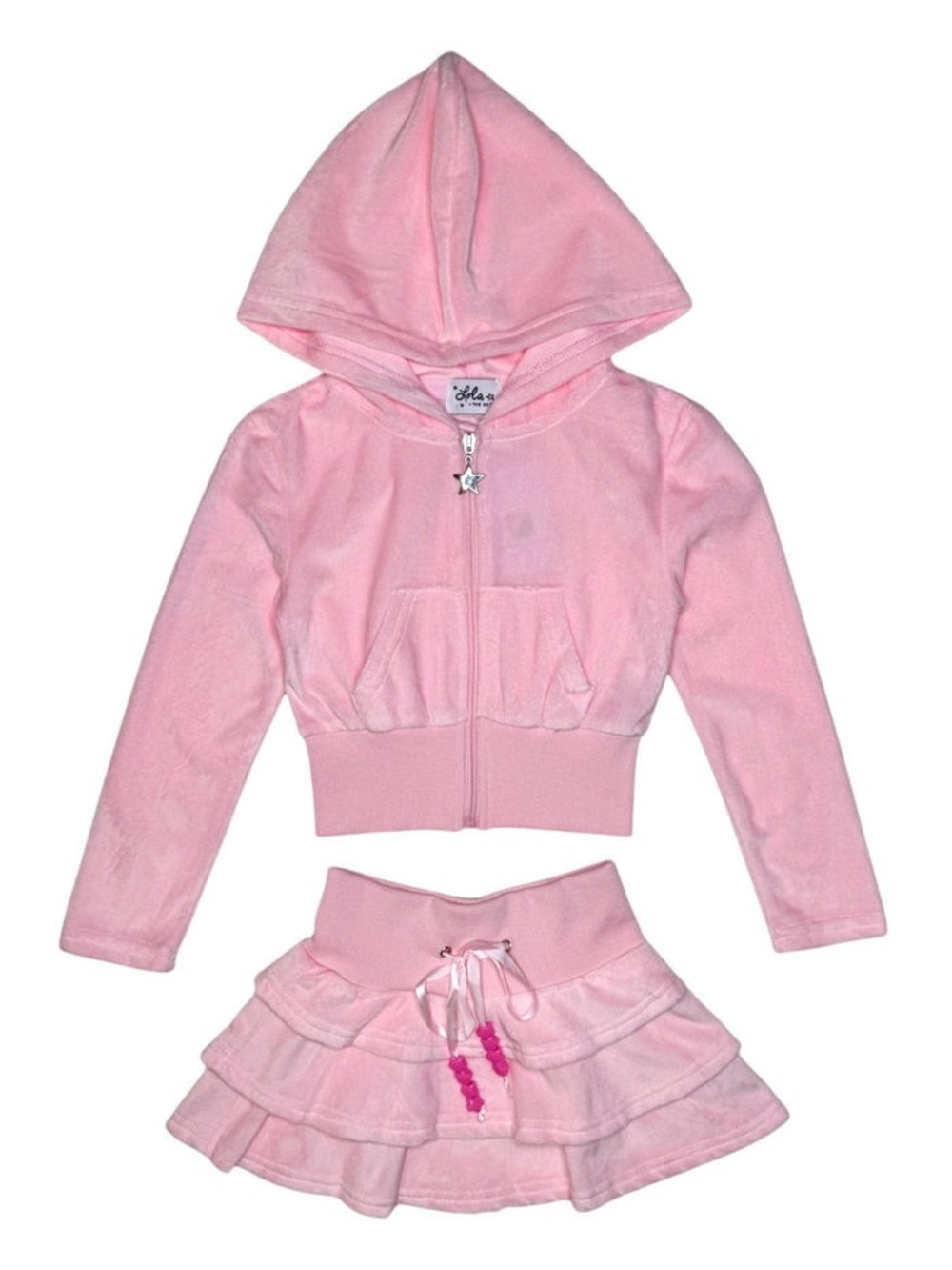 Girls Pink Velour Hoodie & Ruffle Skirt Set